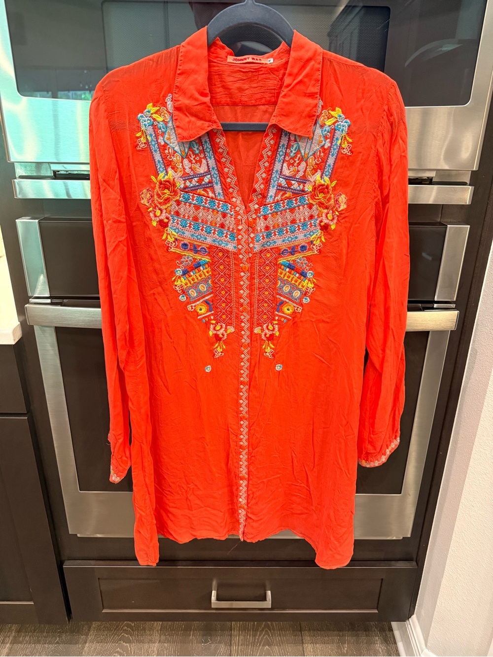Johnny Was Bright Orange Embroidered V-Neck Tunic